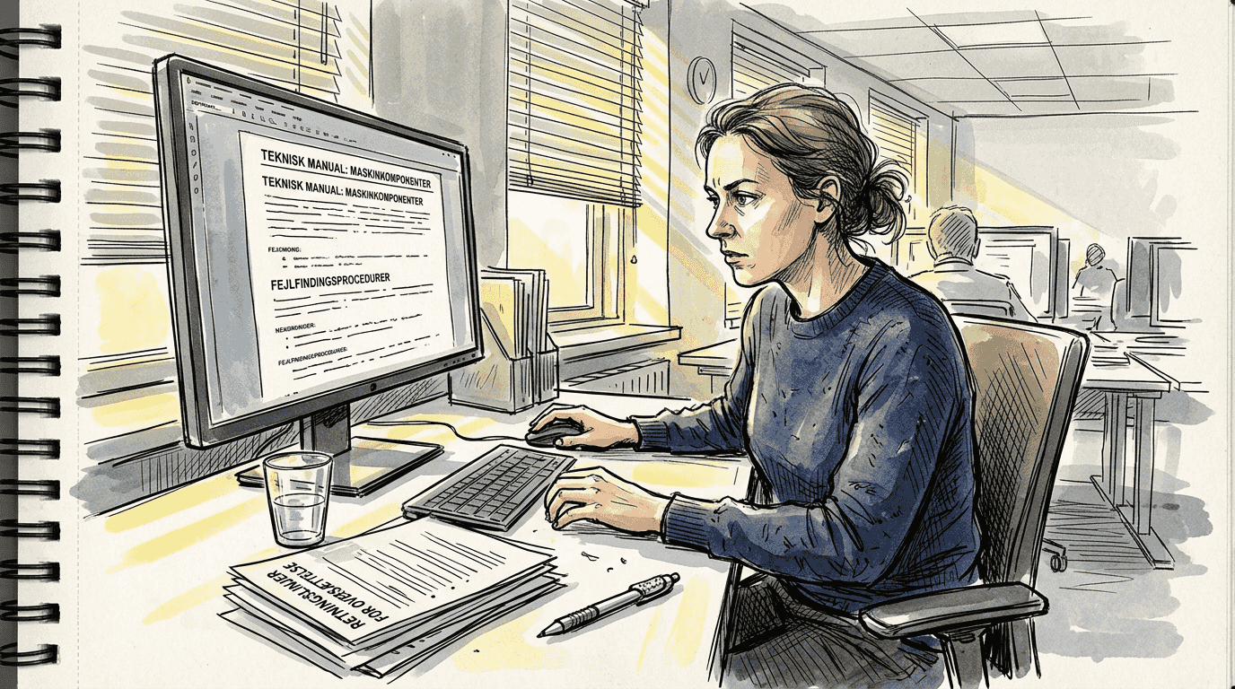 En oversætter gennemgår fagudtryk på kontoret med masser af dagslys.