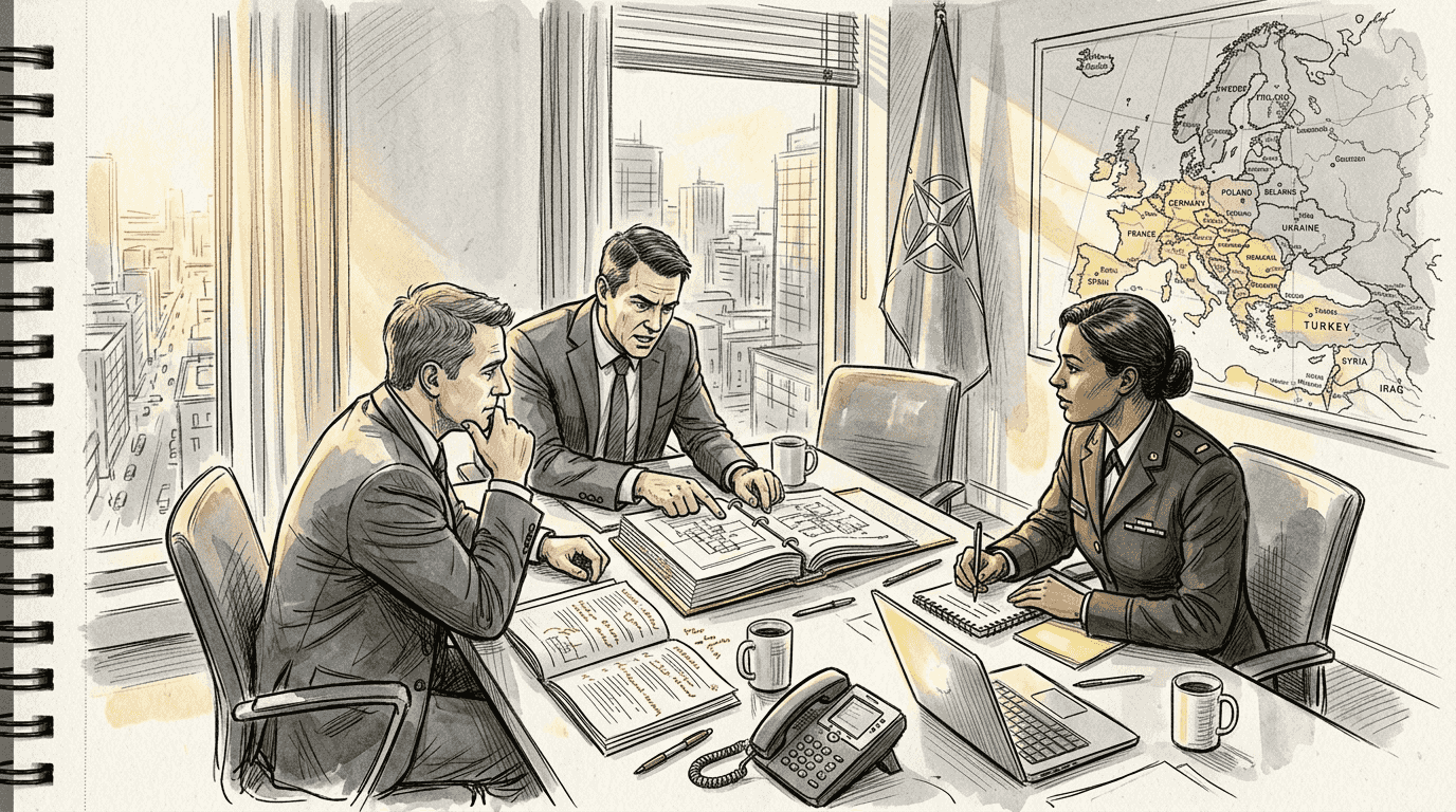 Team reviewing NATO defense documents in office