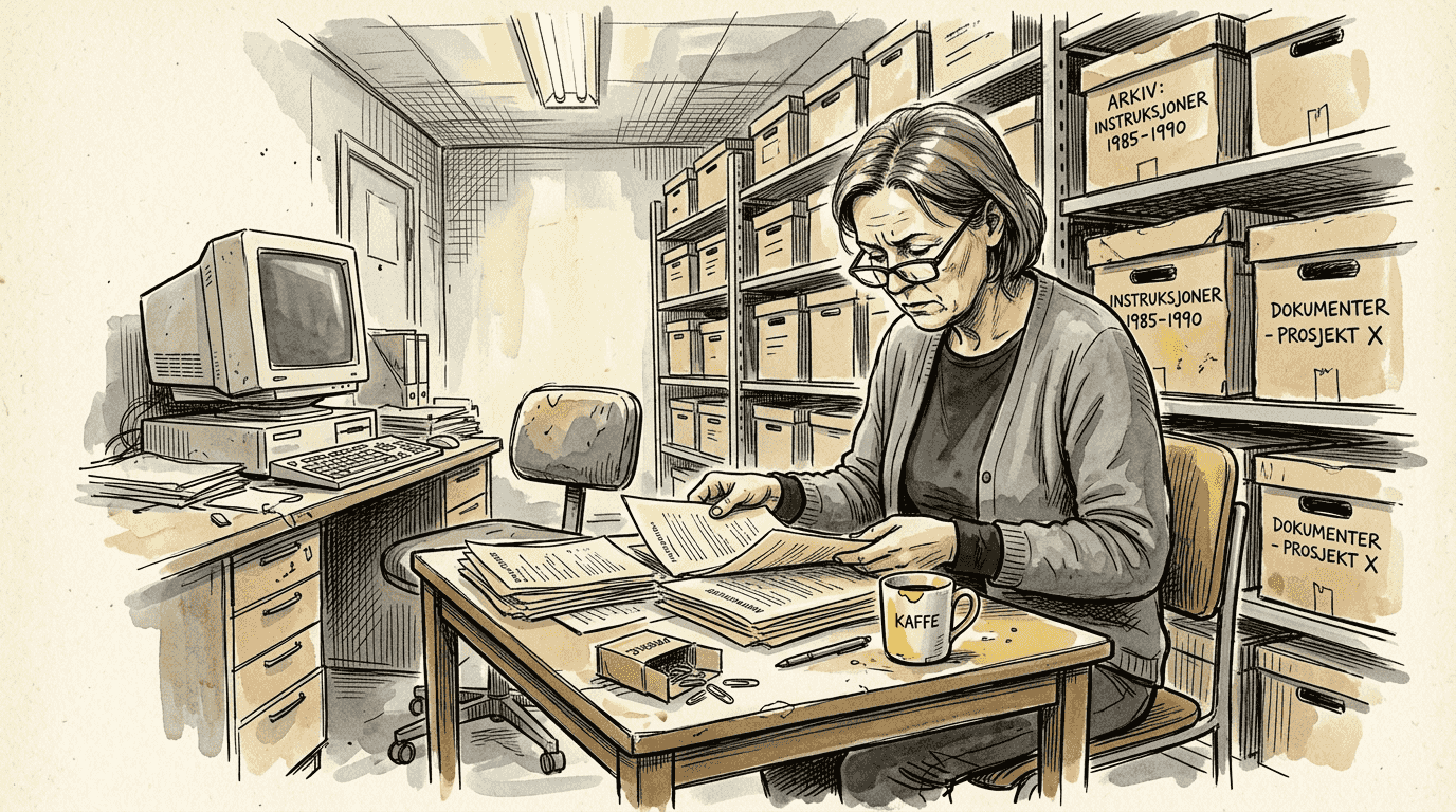 En oversetter står og sorterer dokumenter inne på arkivrommet.