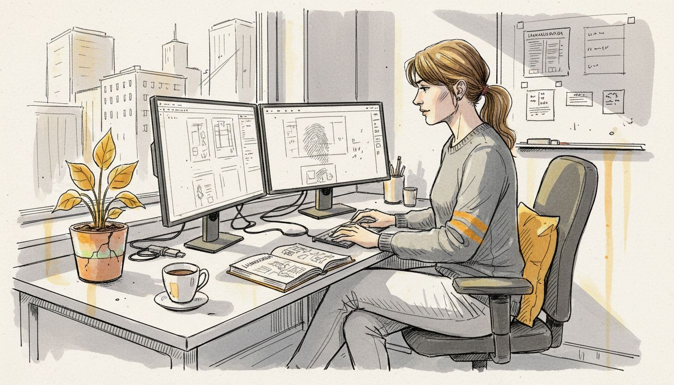 Kääntäjä työstää tekstejä tekoälyn kanssa kahdella näytöllä.