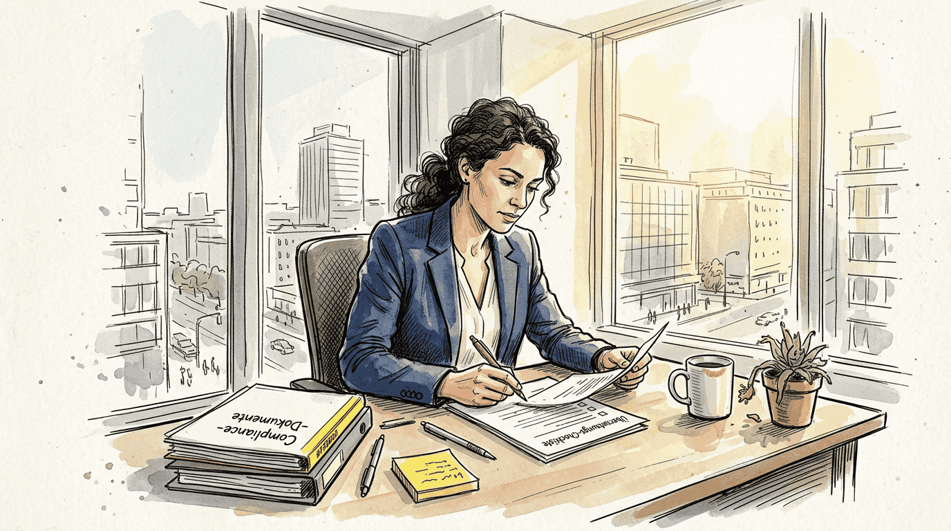 Eine Führungskraft prüft im Büro sorgfältig die Checkliste für Übersetzungen.