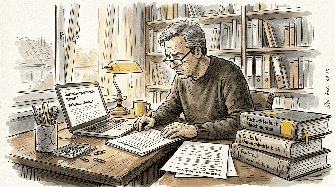Ein Übersetzer prüft verschiedene Dokumente sorgfältig auf inhaltliche Übereinstimmung und Genauigkeit.