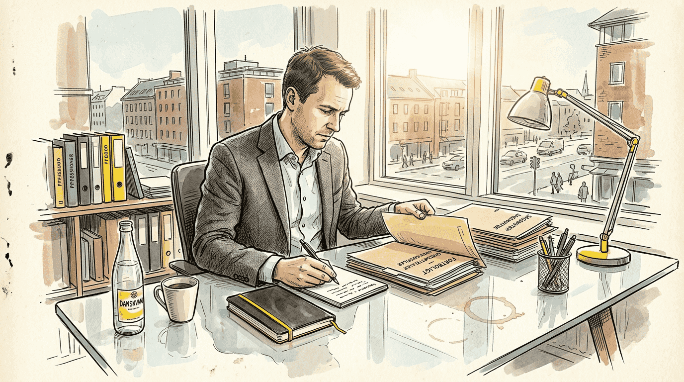 En compliance-medarbejder sidder på kontoret og organiserer oversættelsesfiler.