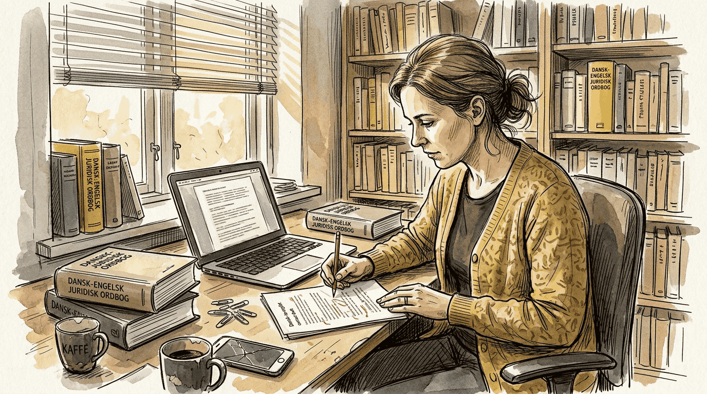 Oversætter gennemgår juridiske dokumenter hjemme på kontoret