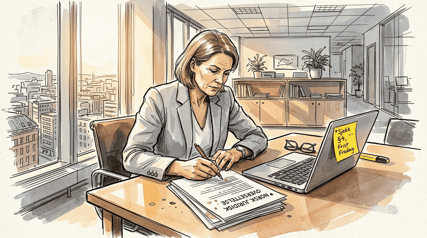 En kvinne sitter på kontoret og kvalitetssikrer en oversettelse.