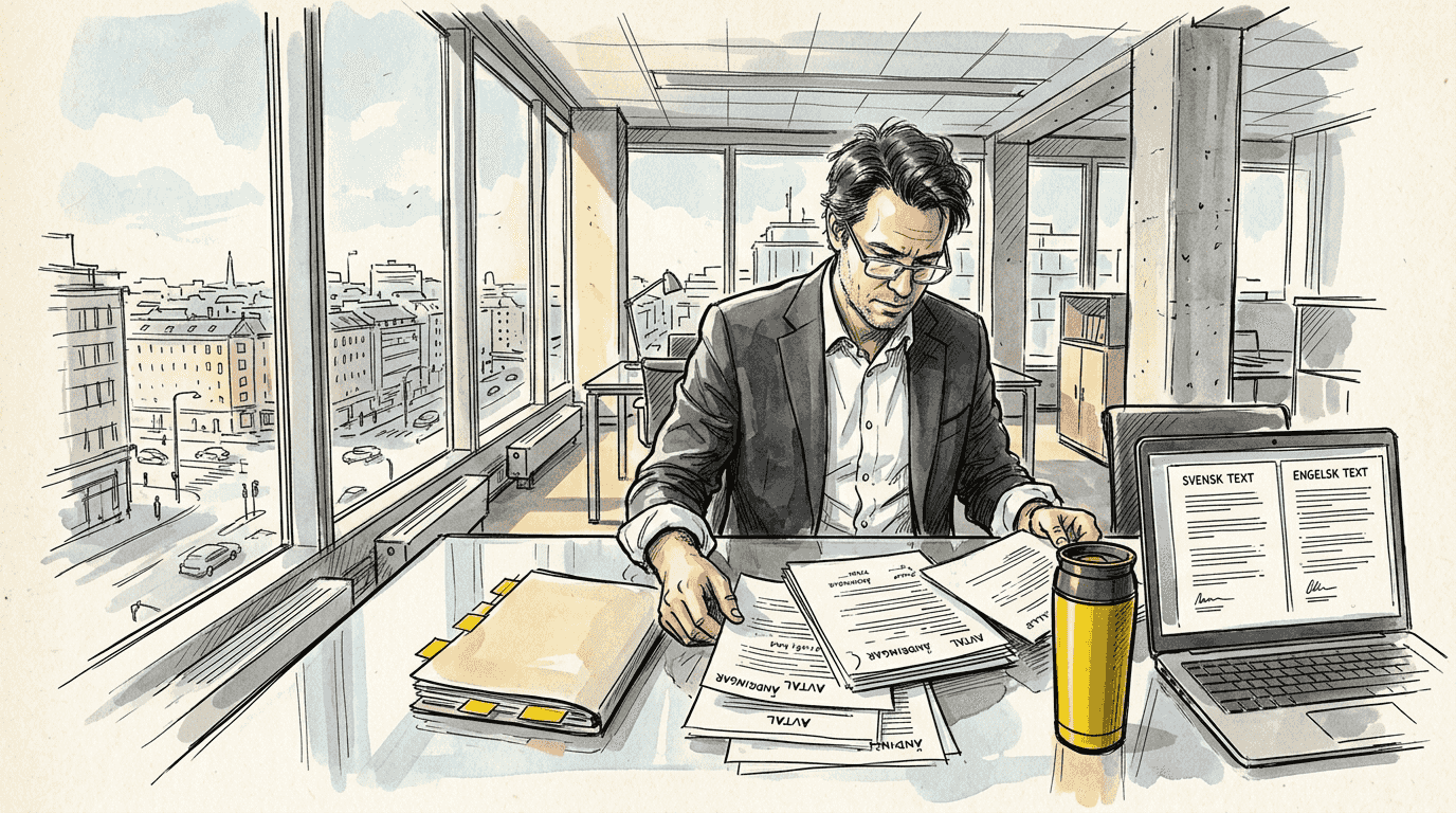 Jurist med specialisering på översättning granskar och jämför handlingar på kommunens kontor.