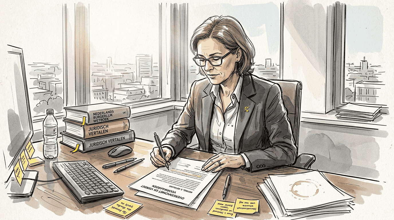 Een jurist gespecialiseerd in vertalingen bestudeert een meertalig contract zorgvuldig op kantoor.