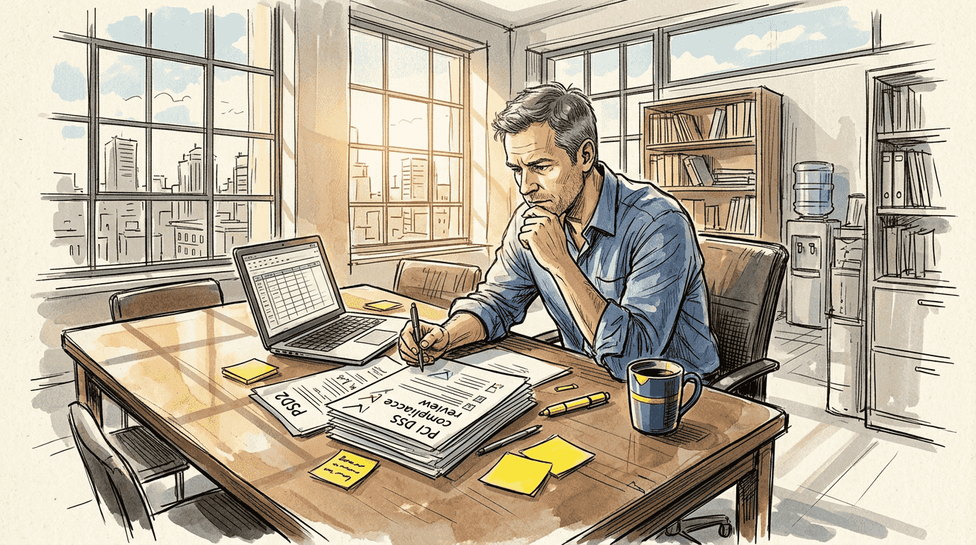 Compliance manager reviewing regulatory documents