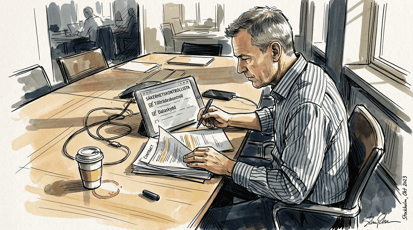 En man sitter vid bordet och går igenom säkerhetsavtal.