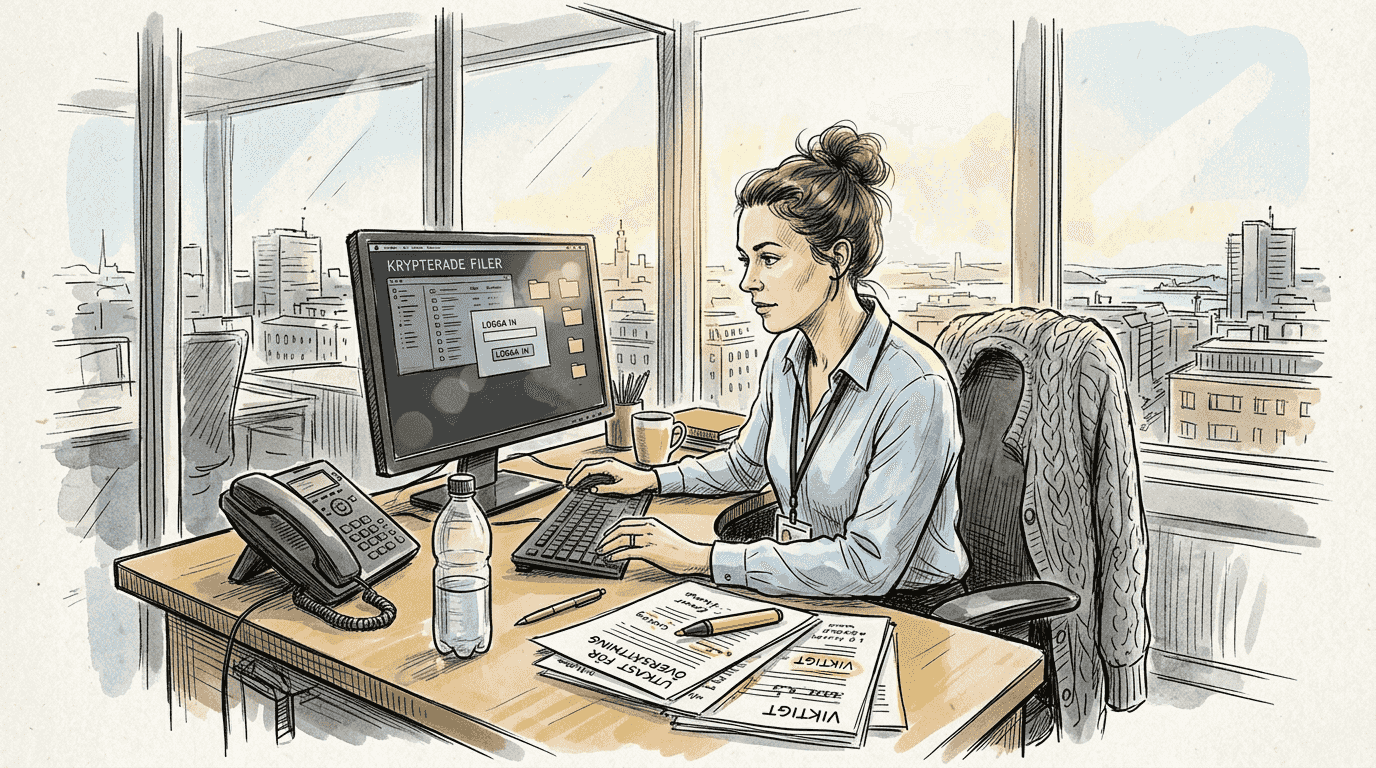 En kvinna granskar krypterade filer på en översättningsbyrå.