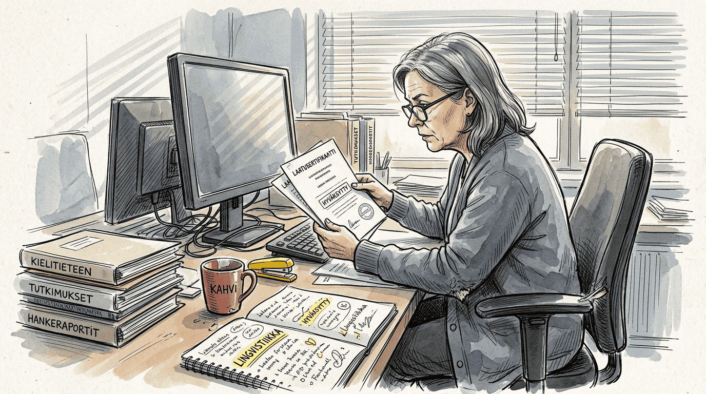 Kielitieteilijä tarkastaa käännösten laadunvarmistusprosessin