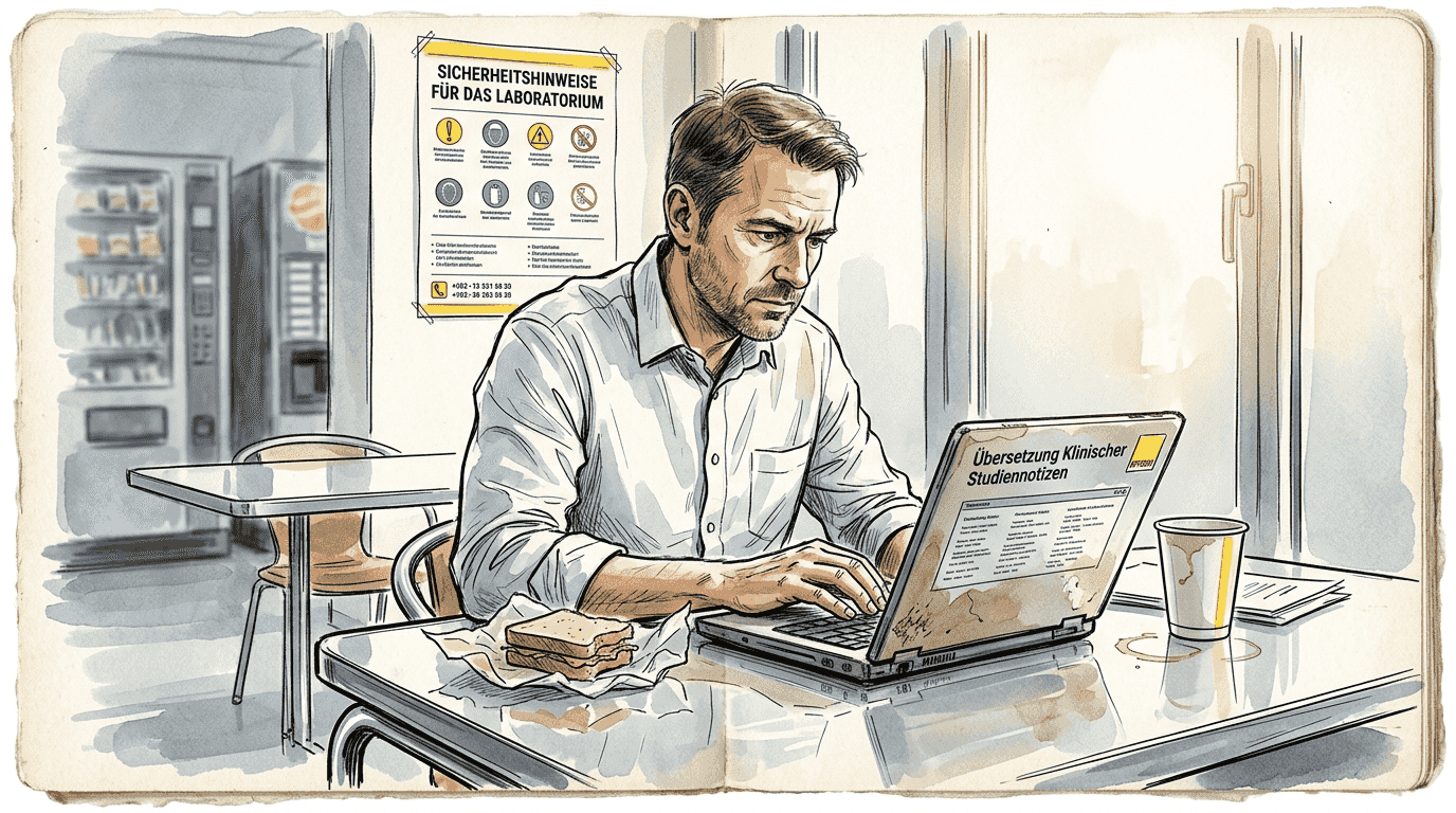 Ein Fachübersetzer arbeitet im Labor an pharmazeutischen Dokumenten.