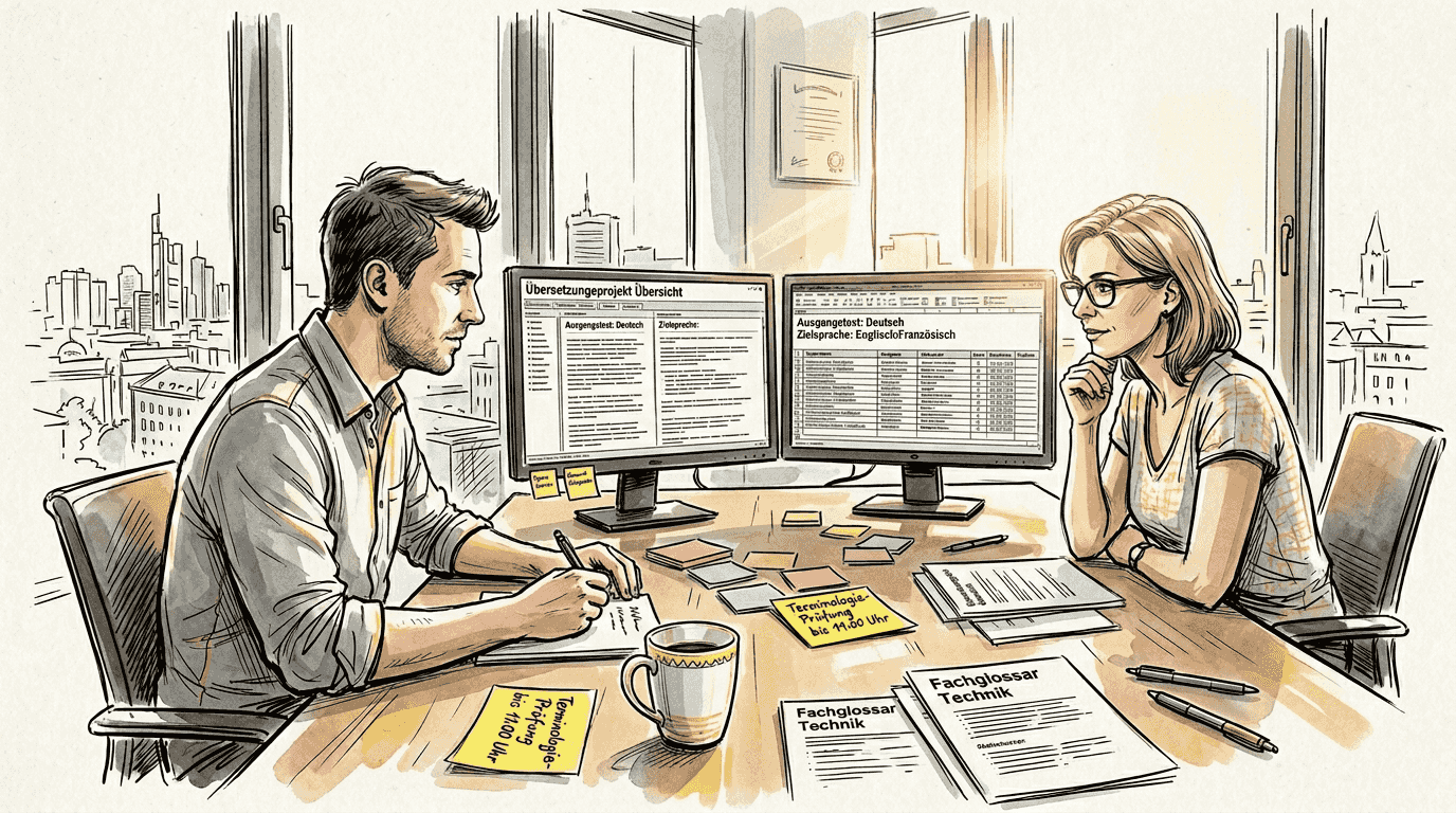 Übersetzungsmanager prüfen mehrsprach relle Dokumente im Büroalltag.