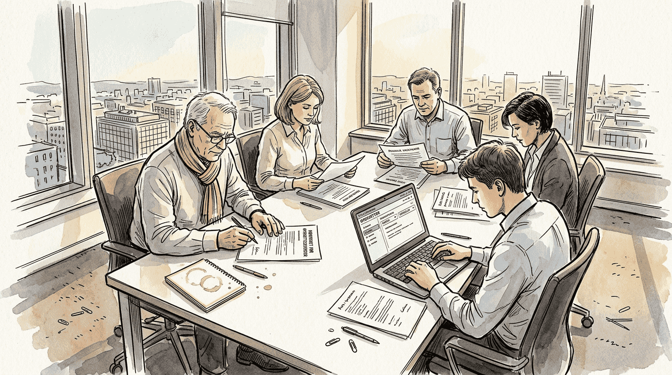 Et team sitter samlet på hjørnekontoret og jobber sammen med å oversette dokumenter.