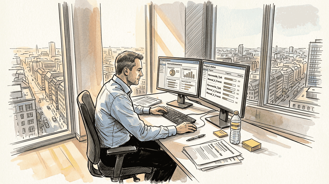 Lederen gennemgår oversættelsesprocessen på kontoret, hvor lyset strømmer ind.