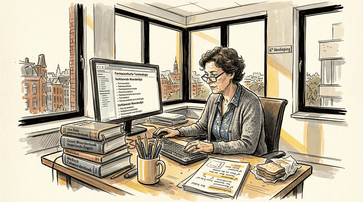 Een taalkundige bekijkt en beoordeelt de terminologiedatabase op kantoor.