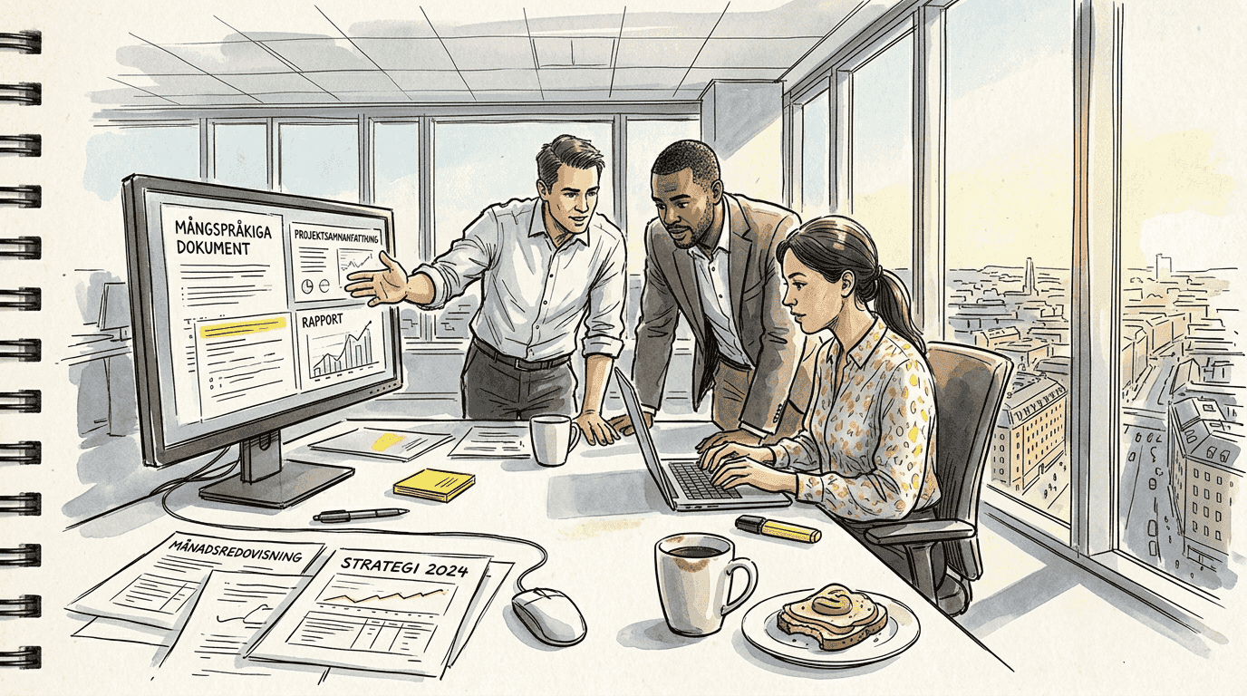 Ett affärsteam samarbetar kring ett översättningsprojekt