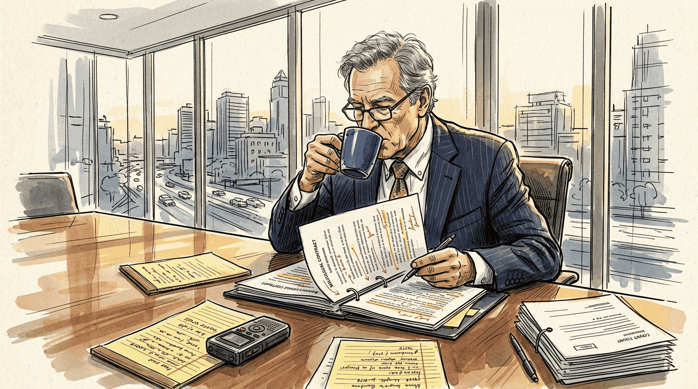 Attorney reviewing multilingual contract at desk