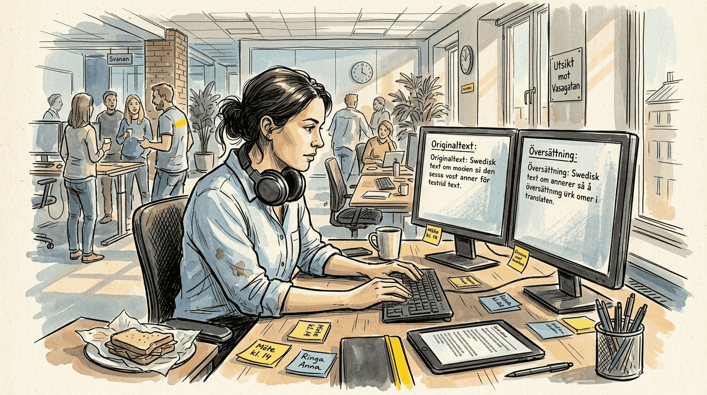 En kvinna sitter vid ett gemensamt kontorsbord och arbetar med AI-baserad översättning.