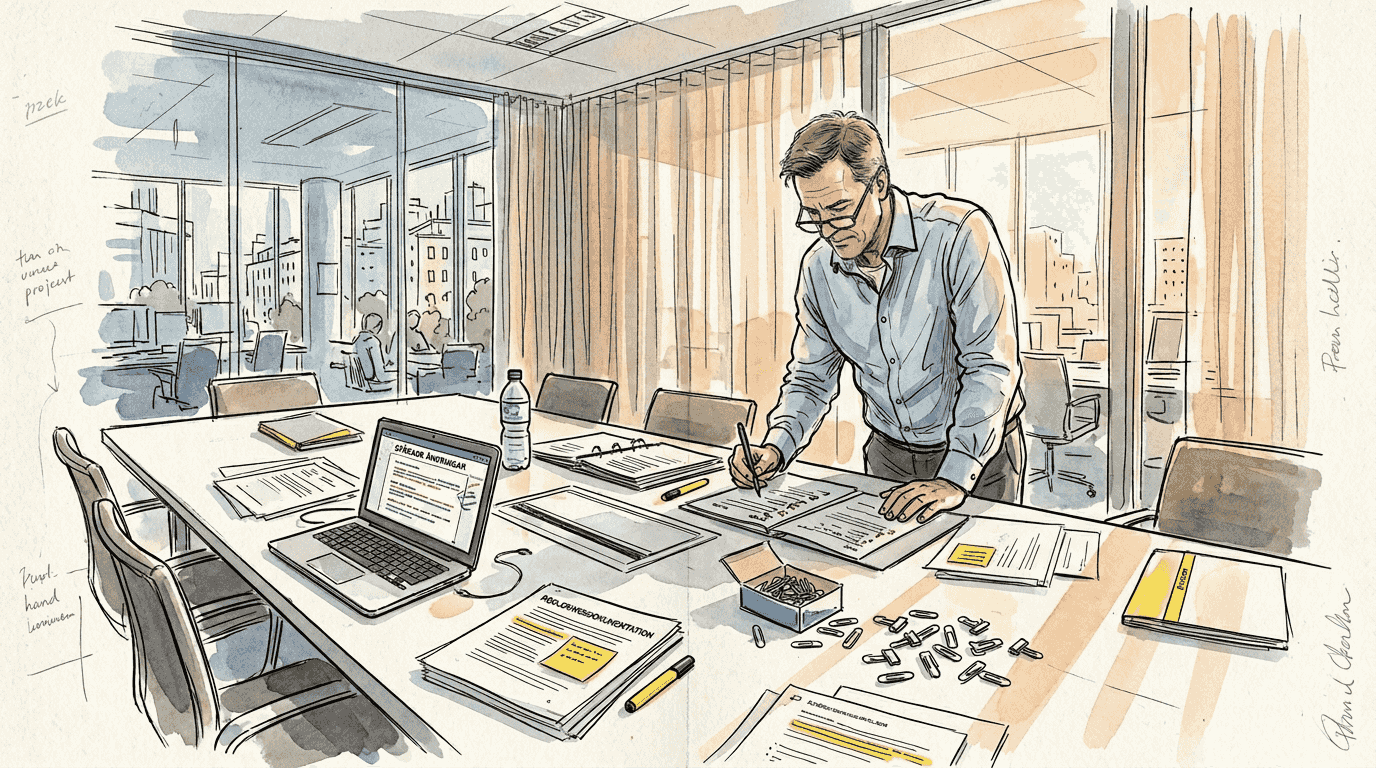 Projektsamordnare granskar dokument som behandlats med AI