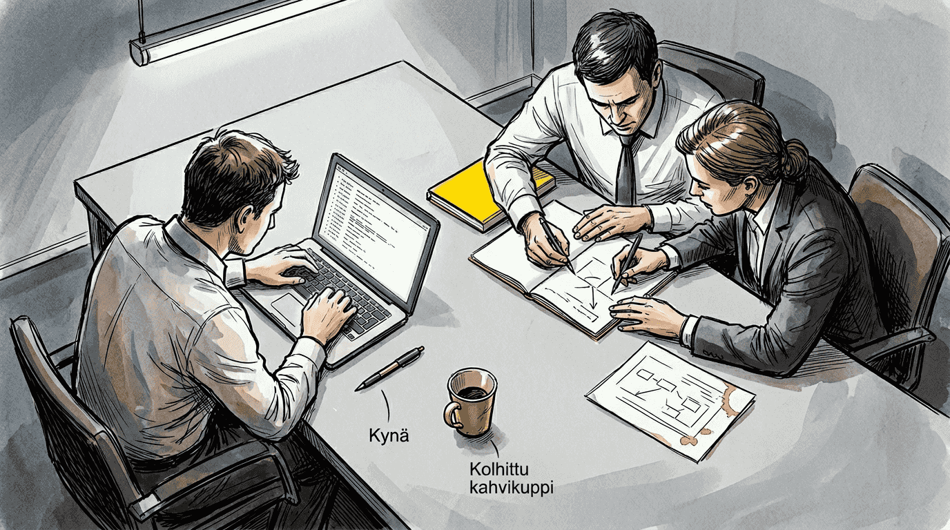 Lakimiehet ja IT-asiantuntija käyvät yhdessä läpi tietoturvaraportin sisältöä.