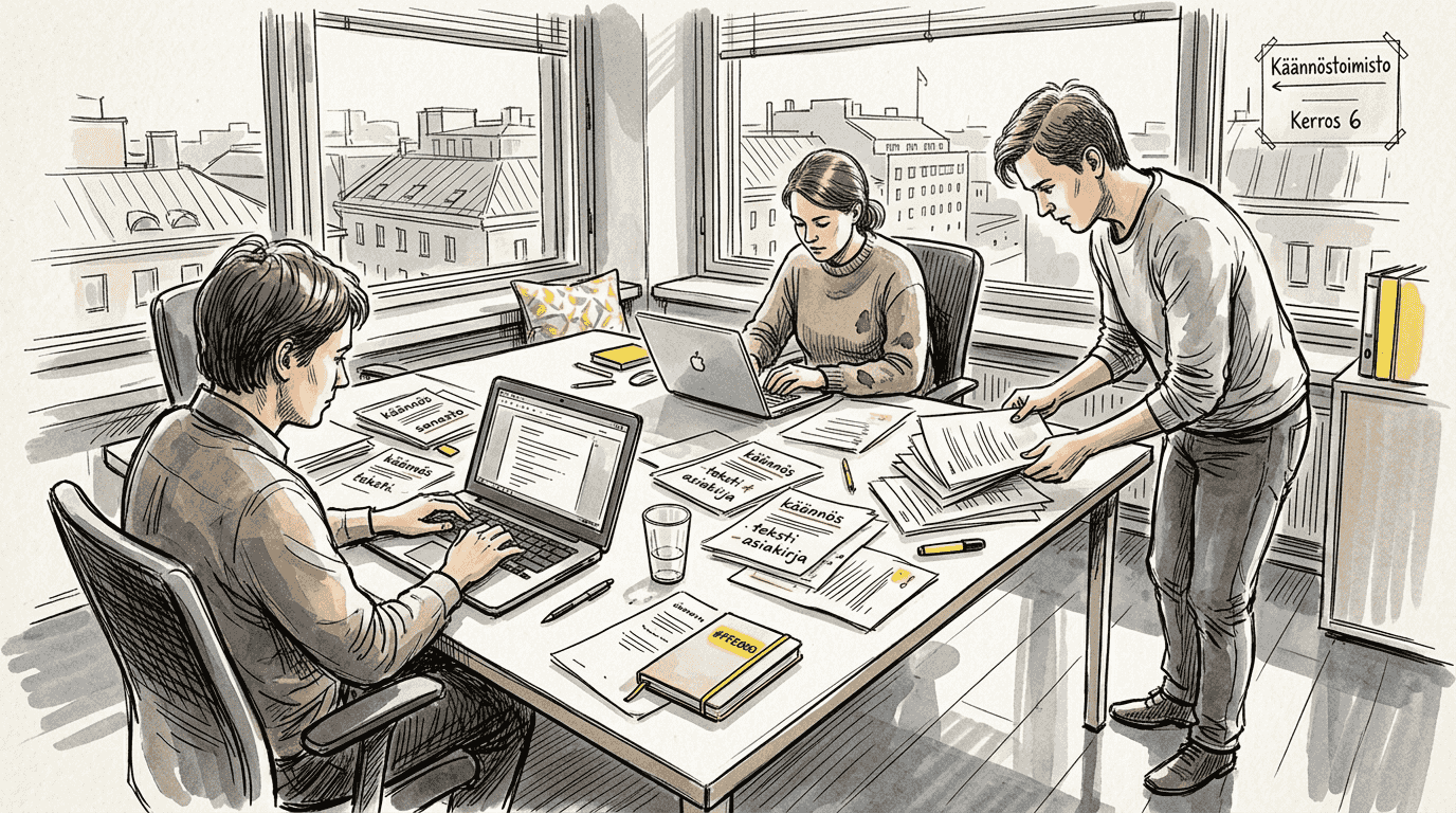 Käännöstiimin porukka tekee töitä avokonttorissa saman pöydän ääressä.