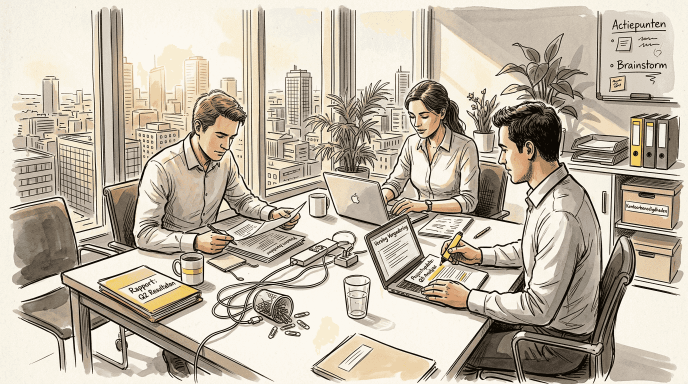 Een team buigt zich samen over vertaaldocumenten op kantoor.