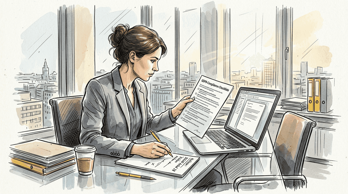 Eine Fachkraft für Übersetzungen prüft im Büro eine DSGVO-Checkliste.