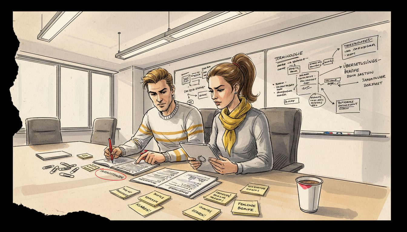 Fachautoren prüfen und vergleichen verschiedene Übersetzungen eines Dokuments miteinander.