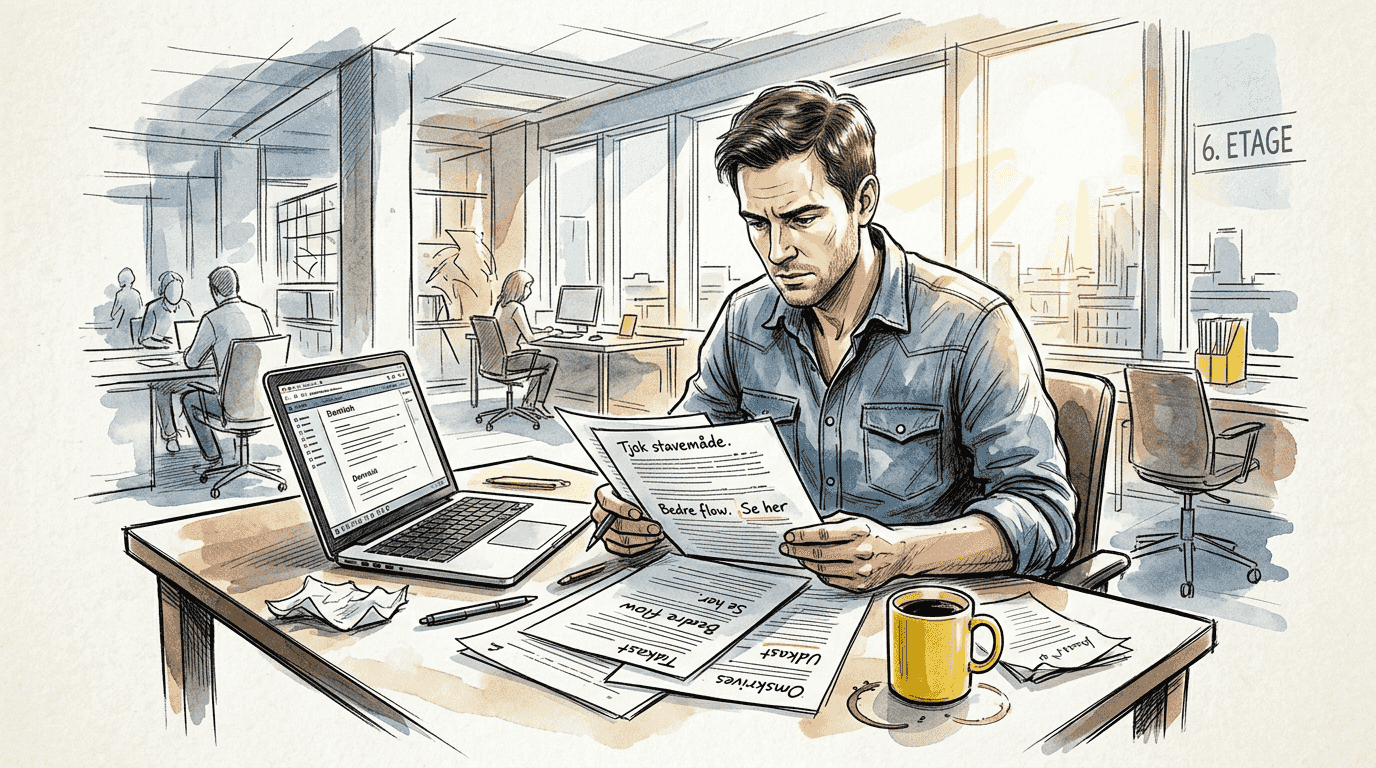 En oversætter sidder på kontoret og arbejder på en opdateret version af dokumentet.