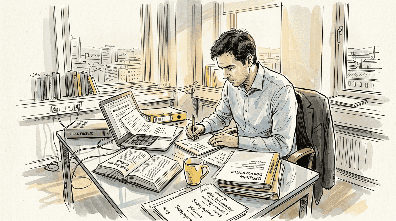 En oversetter går nøye gjennom dokumenter ved skrivebordet på kontoret.