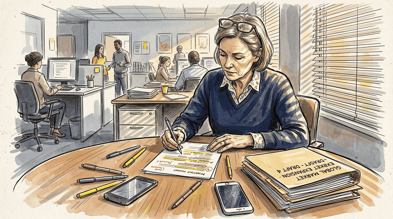 Linguist marking translation corrections at table