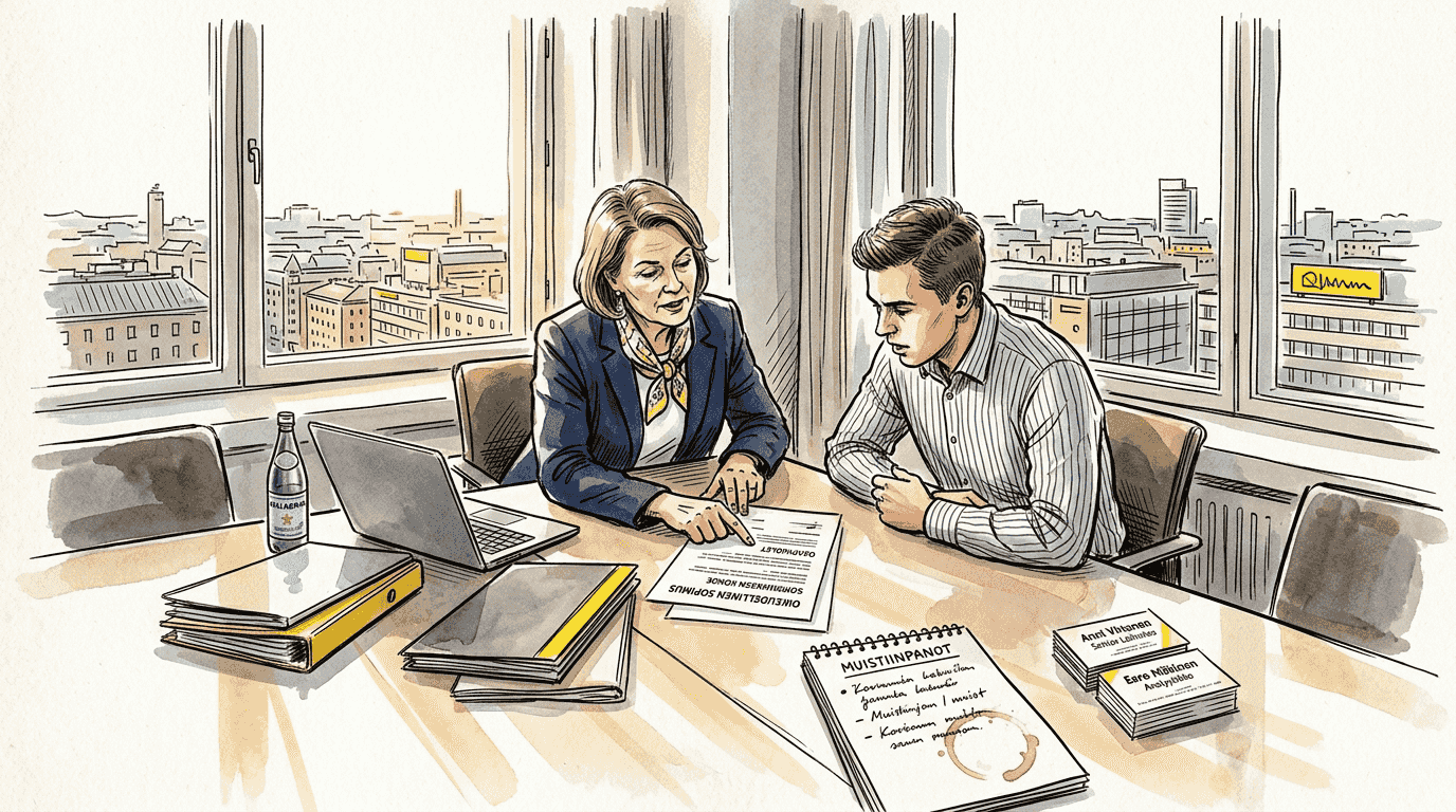 Kaksi asiantuntijaa käy yhdessä läpi sopimusta toimistolla.