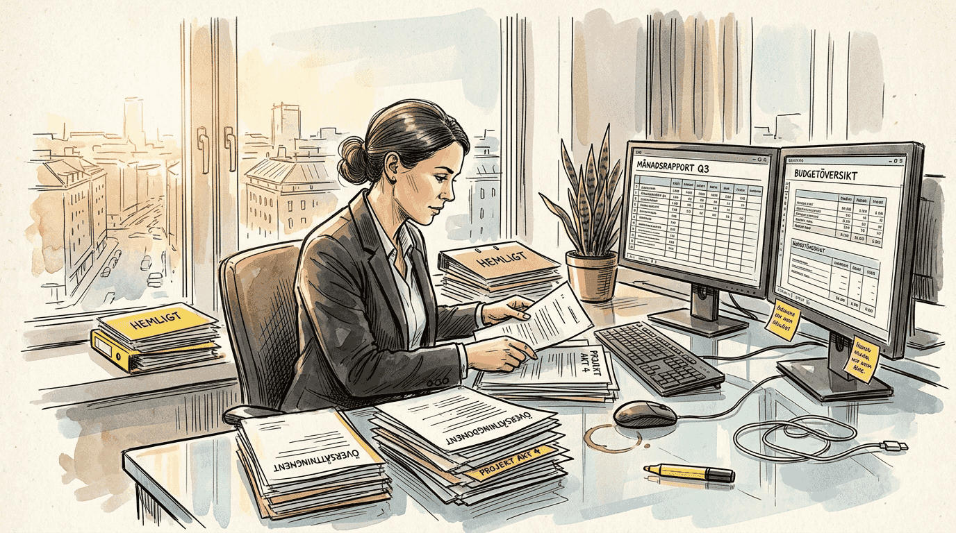 En översättare granskar viktiga dokument i ett säkert kontor.