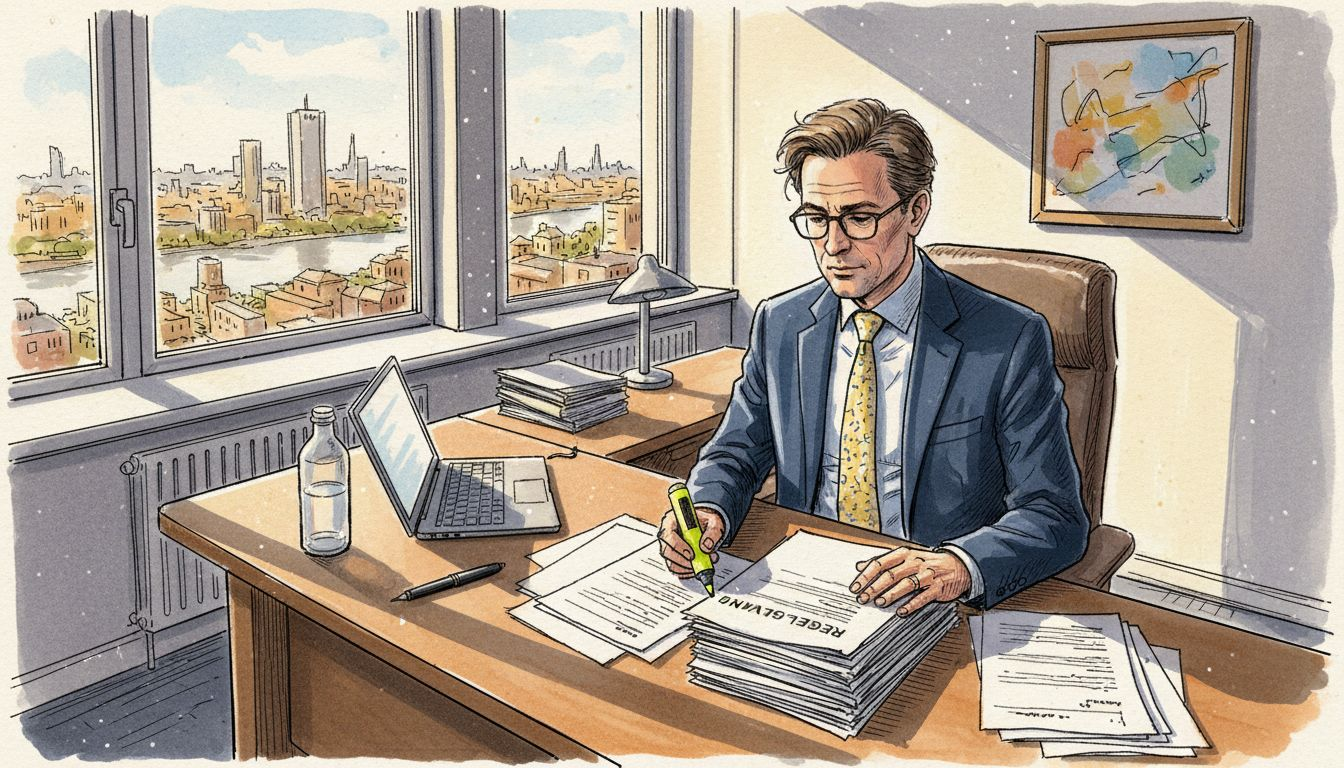 Een compliance officer beoordeelt een vertaling op kantoor.