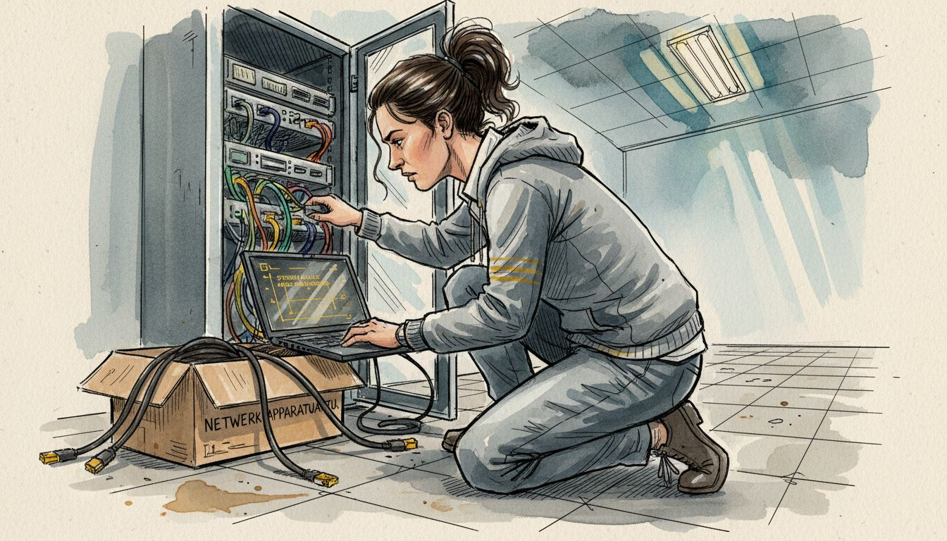 Een IT-specialist controleert de serverkast op locatie.