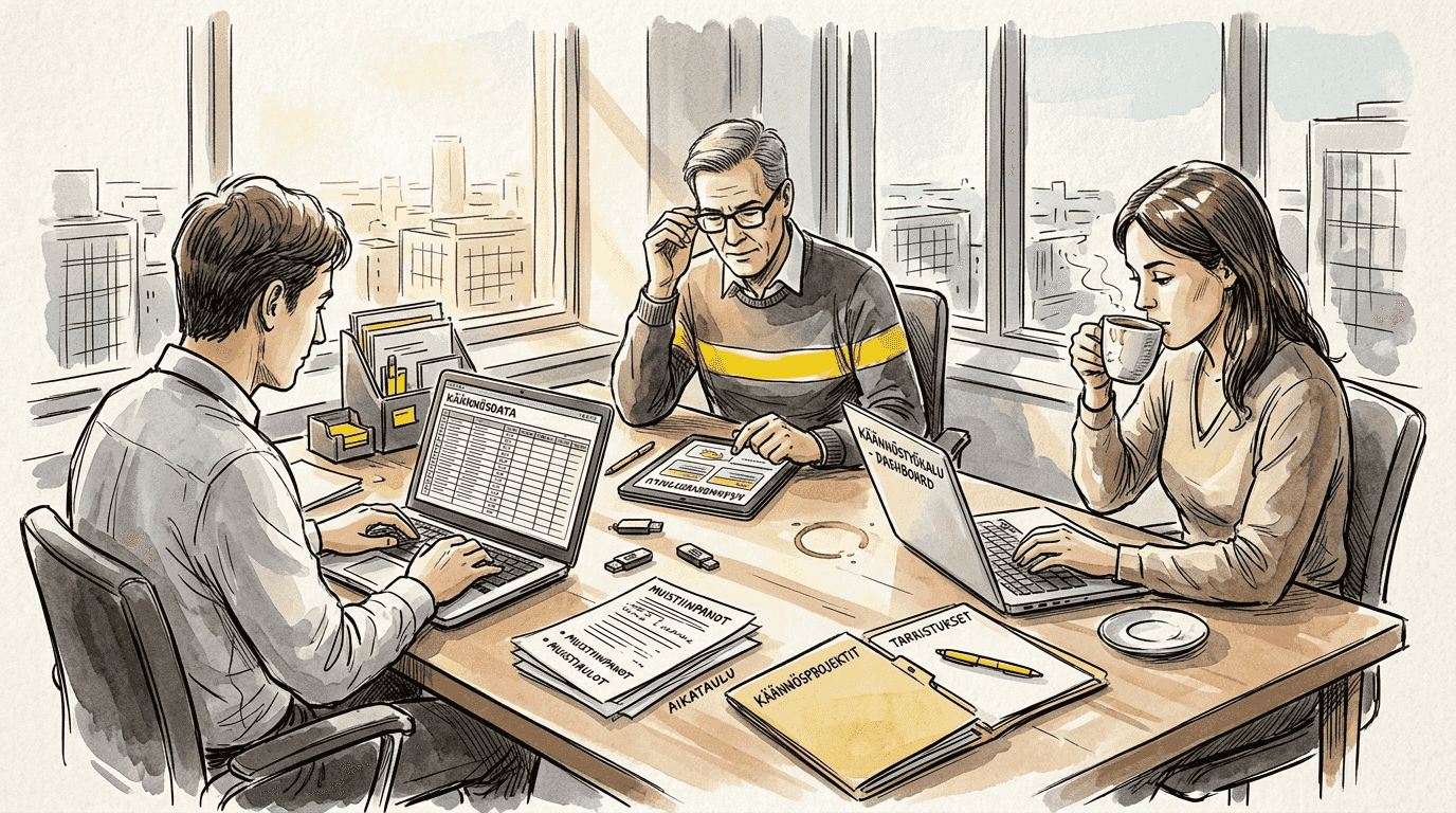 Työporukka vertailee käännöstyökaluja toimistolla ja pohtii, mikä niistä sopisi parhaiten heidän tarpeisiinsa.