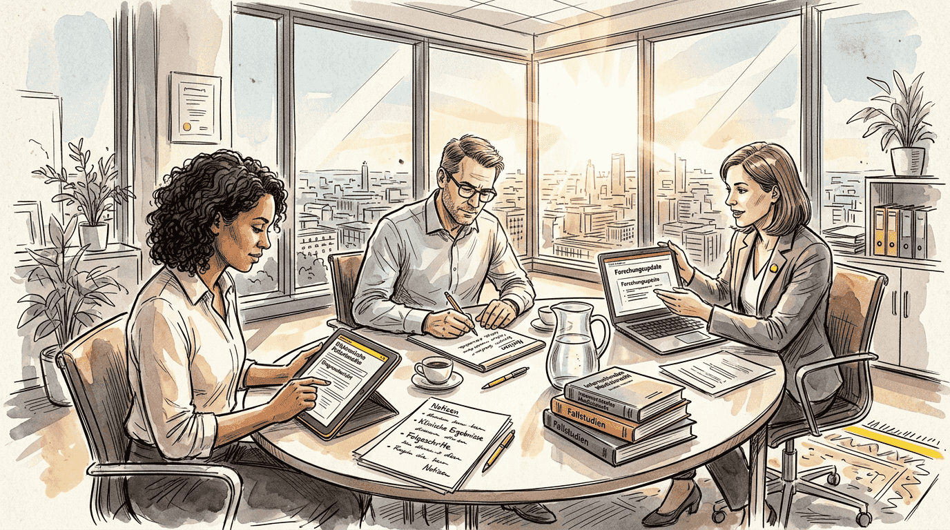 Ein Team aus Fachübersetzern für Medizin stimmt sich bei einer Besprechung im Büro ab.