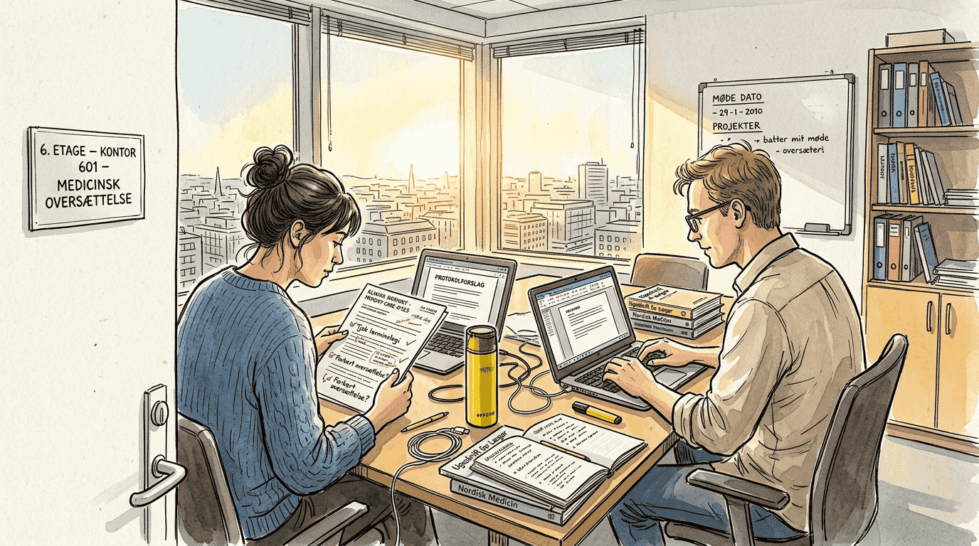 Medicinske oversættere samarbejder på kontoret med deres bærbare computere.