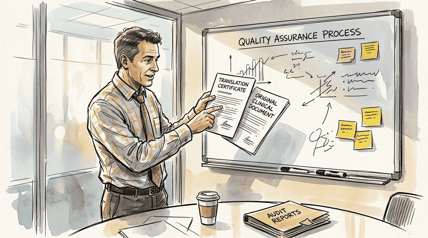 Quality manager auditing translated clinical documents