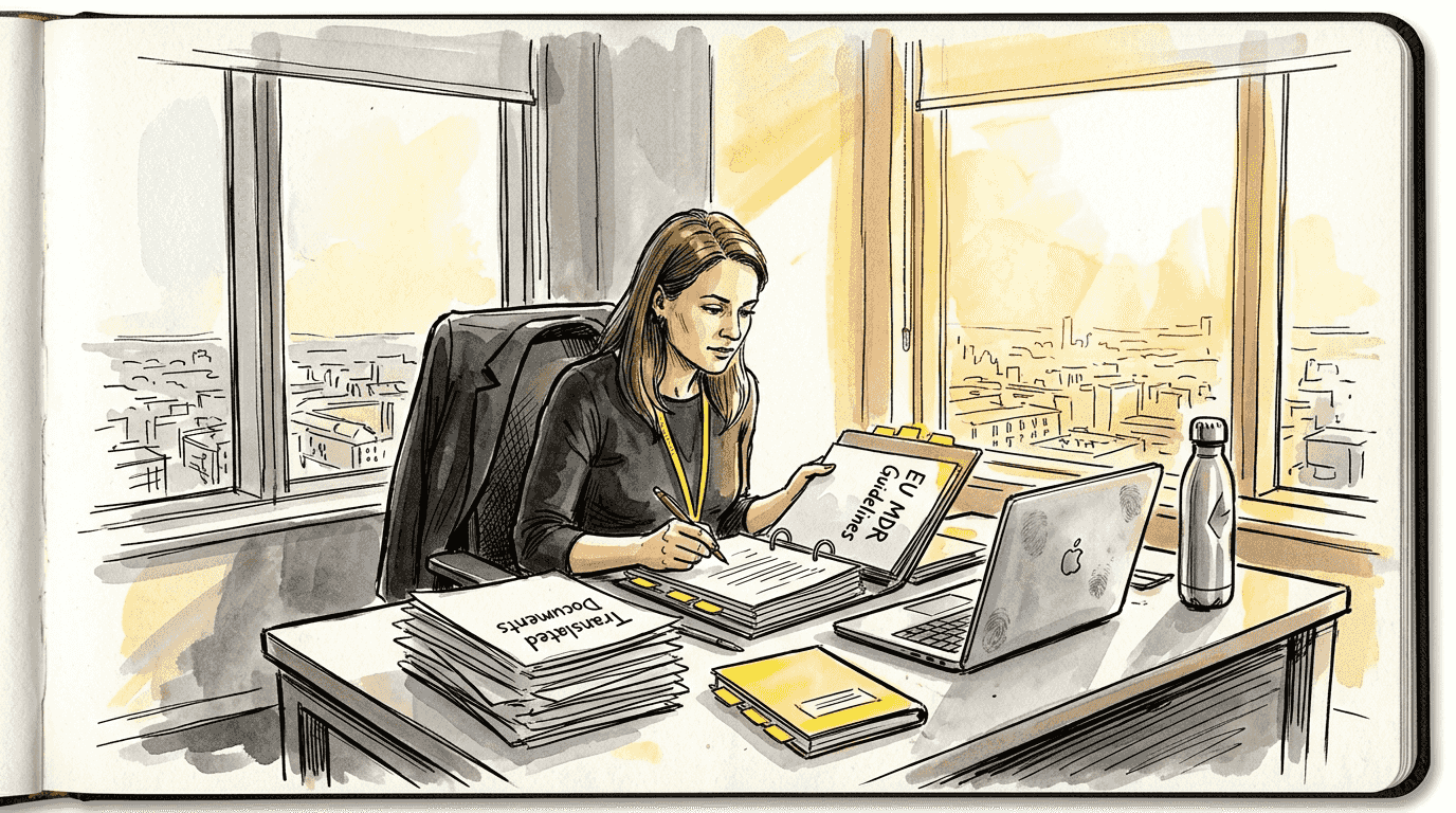 Regulatory specialist reviewing clinical report translations