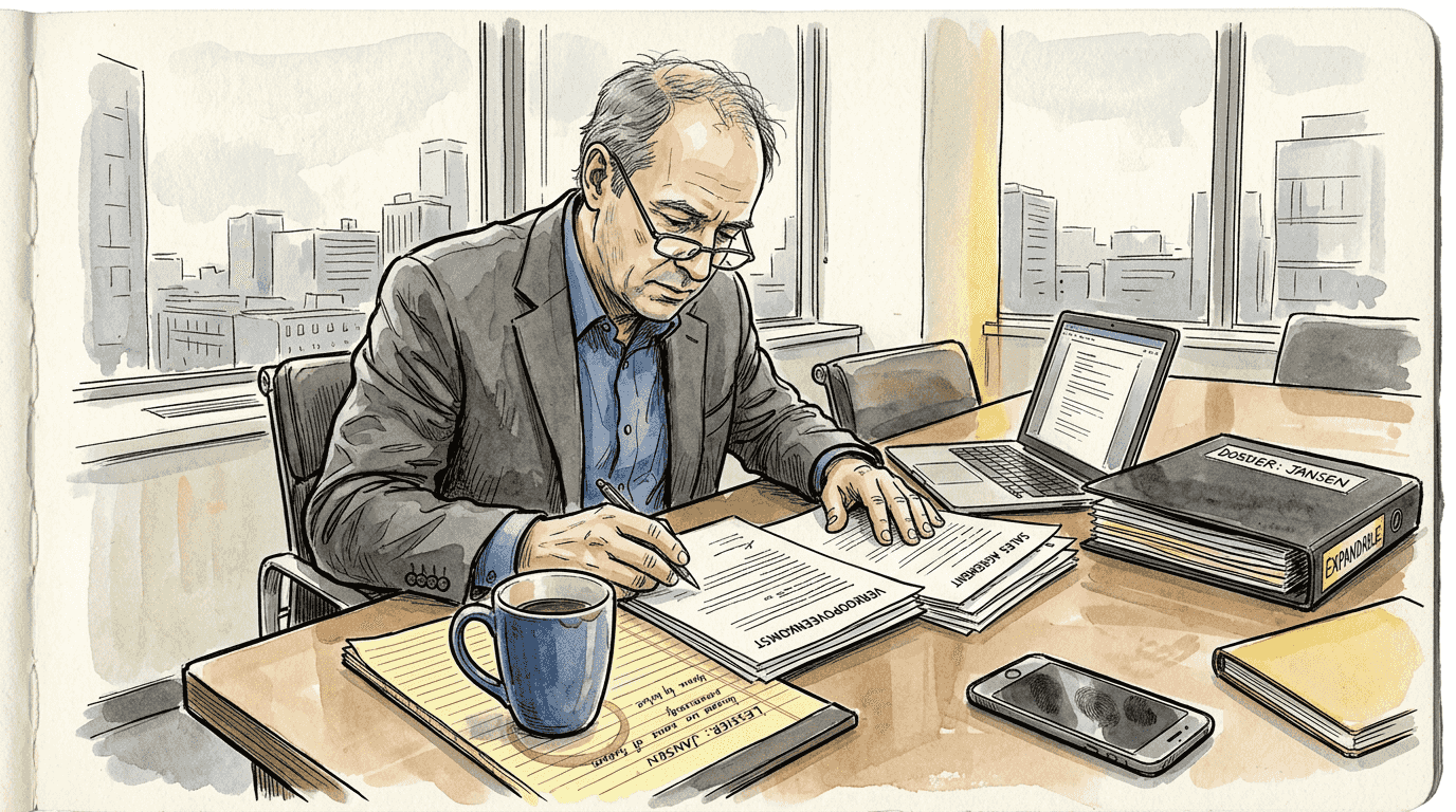 In een hoek van het kantoor zit een juridisch vertaler nauwgezet contracten te controleren.