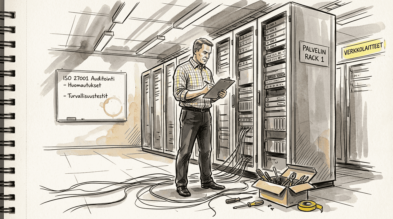 IT-tarkastaja tekemässä turvallisuustarkastusta palvelinsalissa