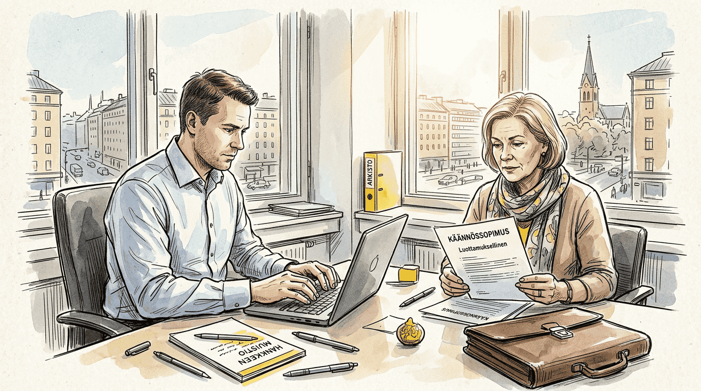 Esimies ja asiakas käyvät yhdessä läpi sopimuksen käännöstä.