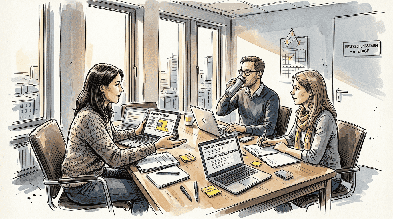 Ein Team bespricht gemeinsam am Konferenztisch den Ablauf der Übersetzungsarbeit.