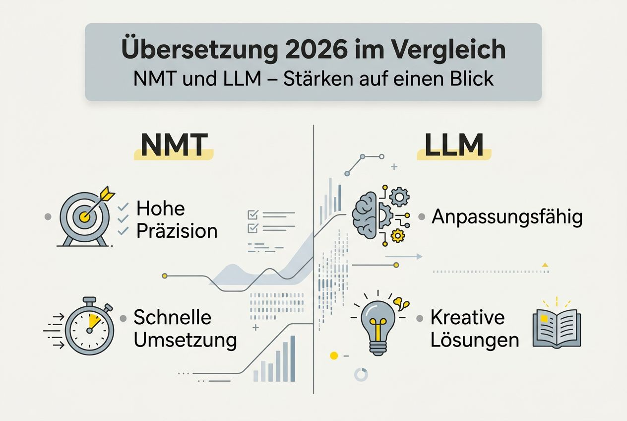Eine Infografik stellt die jeweiligen Stärken von NMT und LLM gegenüber.