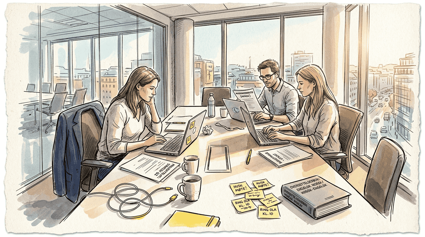 Et team av oversettere samarbeider tett på kontoret.