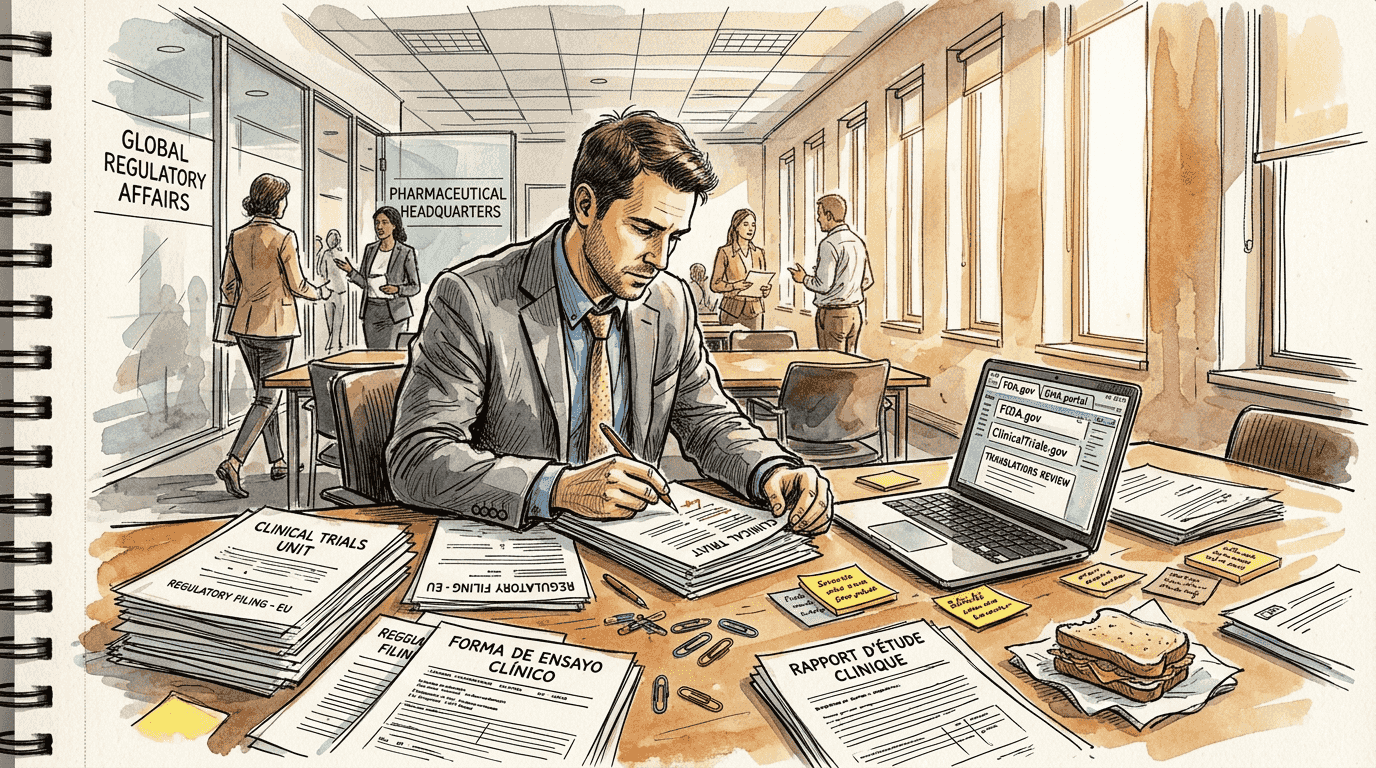 Manager reviewing multilingual trial documents in busy office