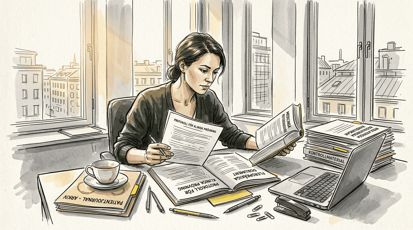 En medicinsk översättare sitter på kontoret och granskar dokument noggrant.