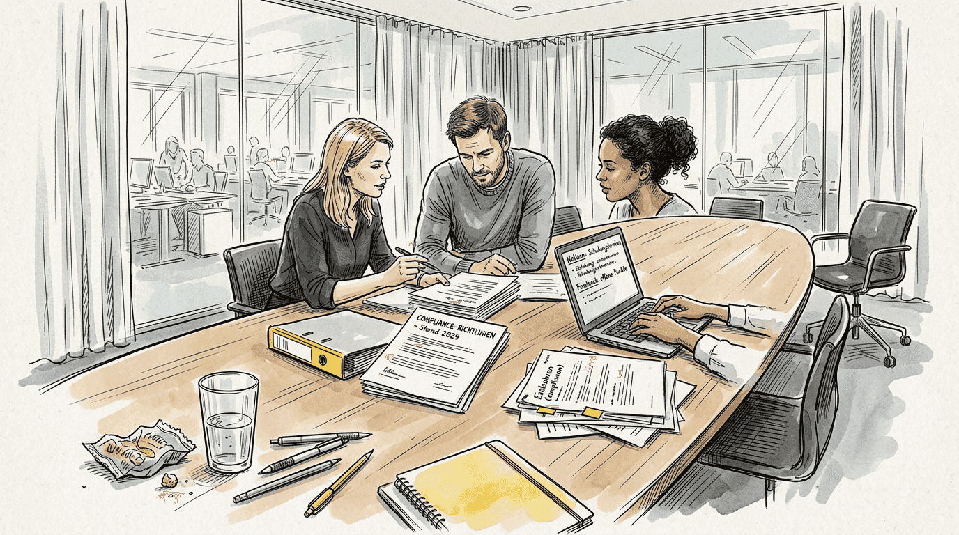 Im Konferenzraum tauscht sich das Team über Compliance-Themen im Bereich Übersetzungen aus.